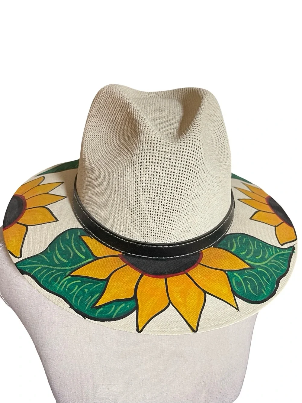 MX Mexico cream woven straw fedora hat black band hand painted sunflowers MEDIUM